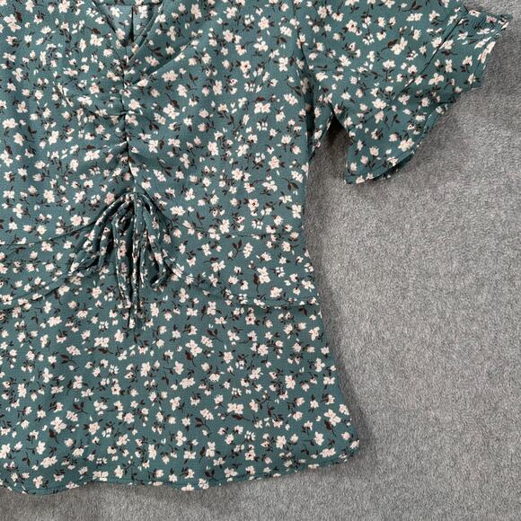 Monteau Floral V-Neck Blouse Women's Medium Blue Short Sleeve Bow Ruched - Picture 4 of 8